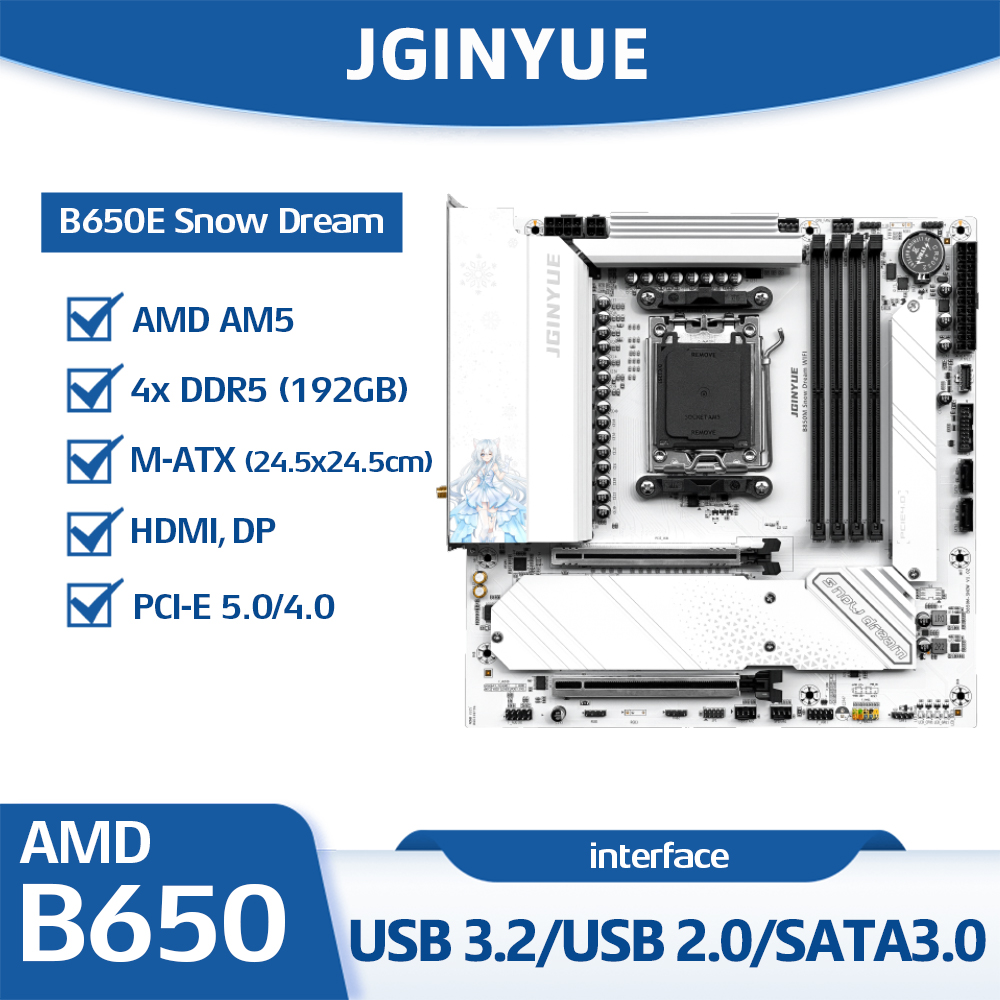JGINYUE B650E Snow Dream moede - Am5 Micro Atx Pcie 5.0 Motherboard recensie en prijs